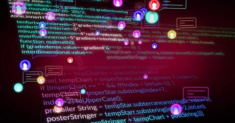 Social media icons and coding animation over programming script background Stock Footage 303684468