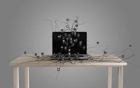 Social media icons set on the root growing out of laptop. Stock Illustration