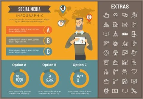 Social media infographic template, elements, icons Illustrazione stock