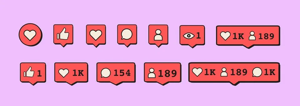 Social media interface elements and notifications with like, comment, follower Stock Illustration