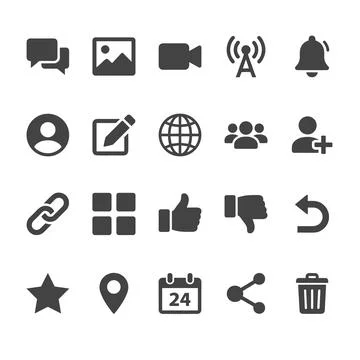Social media interface icon set featuring chat, video, globe, user profile,.. Stock Illustration