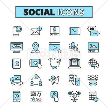 Social Media Line Icons Set Stock Illustrationen