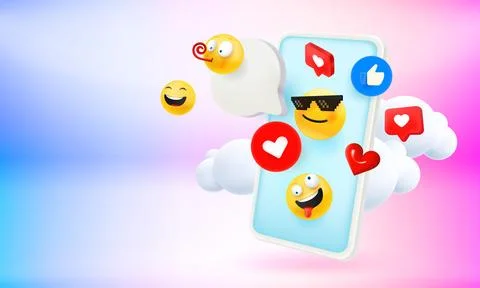 Social media mobile application use concept with emoji and smartphone. 3d v.. 스톡 일러스트