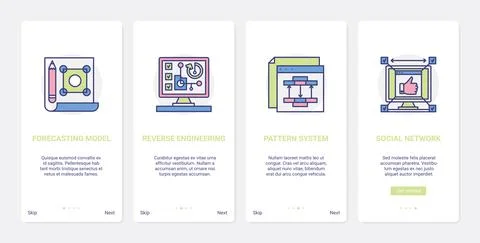 Social media network, forecasting model UX, UI onboarding mobile app page screen Illustrazione stock