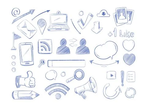 Social media network vector doodles, internet computer hand draw icons Stock Illustration