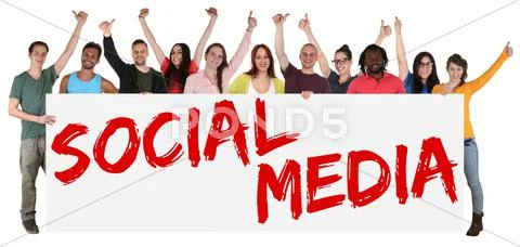 Social media networking happy group of young multi ethnic people holding bann Stock Photos