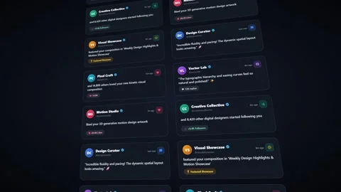 Social media notification cards floating in dark digital 3d space. 4K 3D Render Stock Footage 344846783