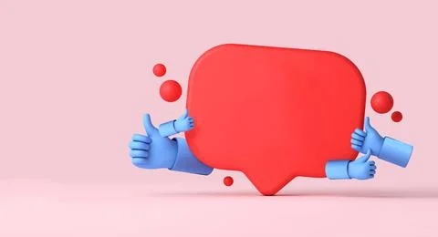 Social media notification speech bubble with thumbs up hands. 3D Rendering Stock Illustration