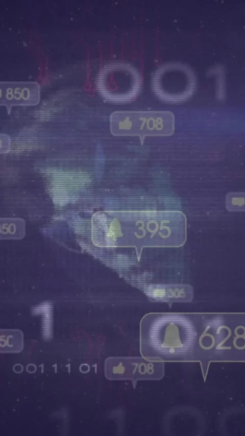 Social media notifications and binary code animation over digital background Stockbeeldmateriaal 344370385