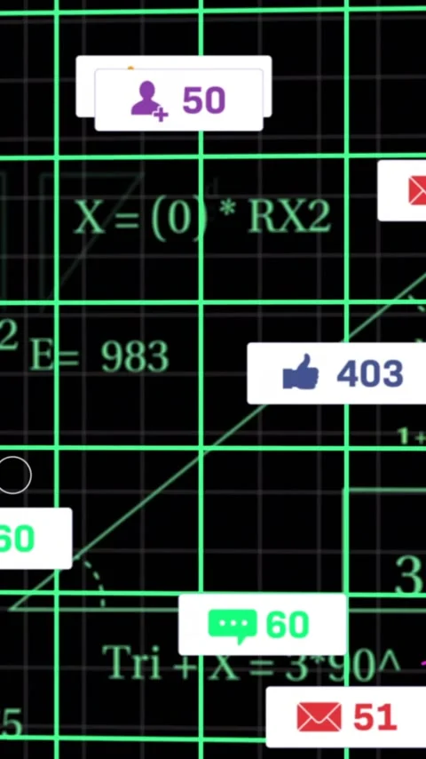 Social media notifications animation over mathematical equations and graphs on Stock Footage 320034371