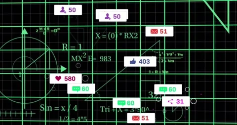 Social media notifications animation over mathematical equations and graphs on Stock Footage 328974787