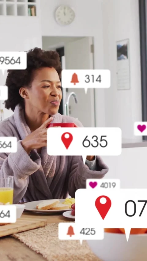 Social media notifications animation over couple having breakfast in modern Vídeo Stock 343902730