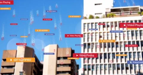 Social media notifications image over city buildings and blue sky Ilustración de archivo
