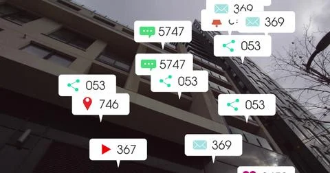 Social media notifications image over modern apartment buildings Ilustración de archivo