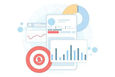 Social media performance analysis concept showing dashboard charts Stock Illustration