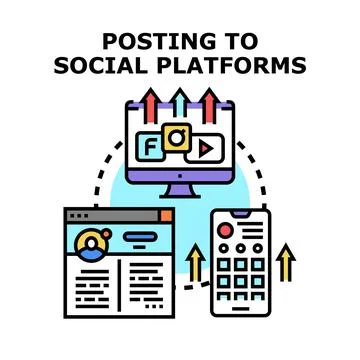 Social media platform posting content networking strategy Stock Illustration