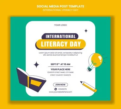 Social Media Post Layout for World Literacy Day with Cartoon Hand-Drawn Vec.. 스톡 일러스트