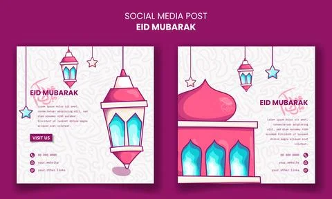 Social media post template for eid mubarak in islamic pink background design Stock Illustration