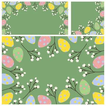 Social media post templates of Easter Eggs and sprigs. Top, Corner and Stock Illustration