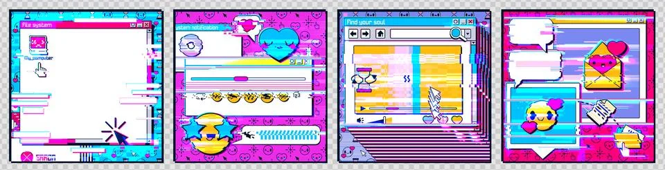 Social media posts, computer interface with glitch 스톡 일러스트