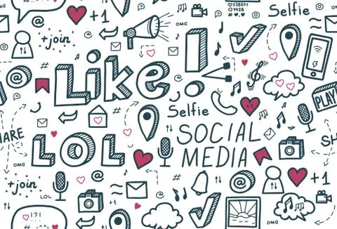 Social media seamless pattern. Hand drawn doodle design. Vector illustration. Stock Illustration