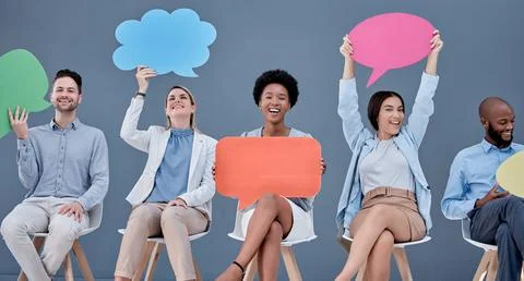 Social media, speech bubble portrait and mobile cut out signs for advertising in Stock Photos