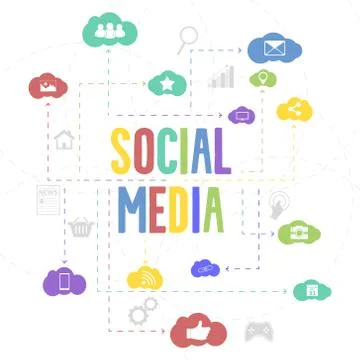 Social media vector concept background with network icons and other elements. Ilustración de archivo