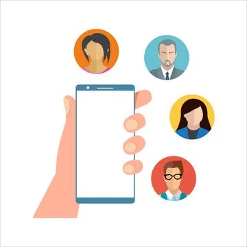 Social media vector design with a mobile on hand and floating characters. Dig Stock Illustration