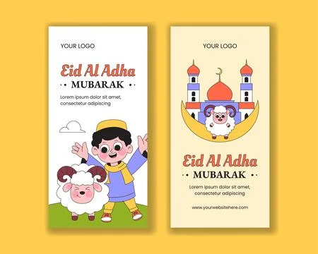 Social Media Vertical Banner Flat Cartoon Hand Drawn Happy Eid Al Adha Back.. Stock Illustration