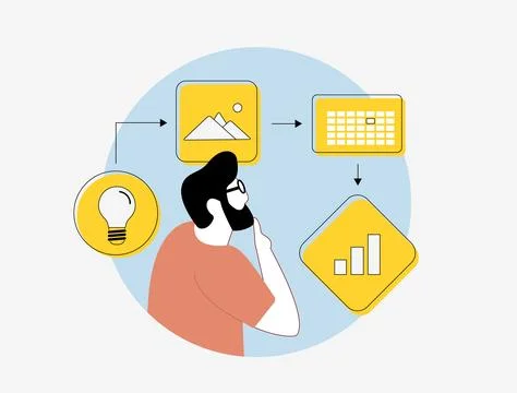 Social media workflow - tools for planning, creating, scheduling and publishing Stock Illustration