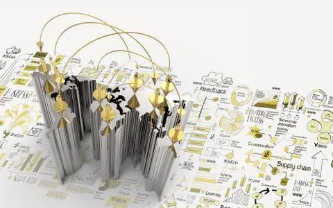 Social network 3d on world map and hand drawn business strategy as concept Stockillustratie