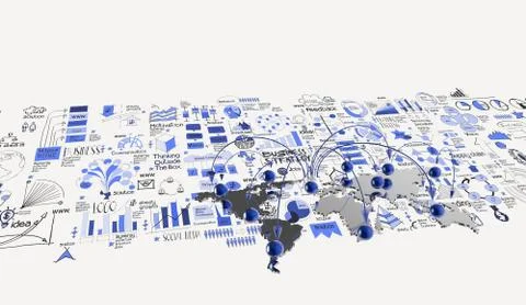 Social network 3d on world map and hand drawn business strategy as concept Ilustración de archivo