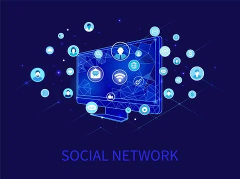 Social Network and Computer with Profiles Vector 스톡 일러스트