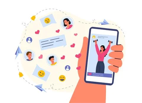 Social network application. Hand with smartphone puts up likes and reactions 스톡 일러스트