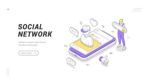 Social Network banner template. Isometric vector illustration presents charac Stock Illustration