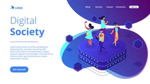 Social network behavior isometric 3D landing page. イラスト素材