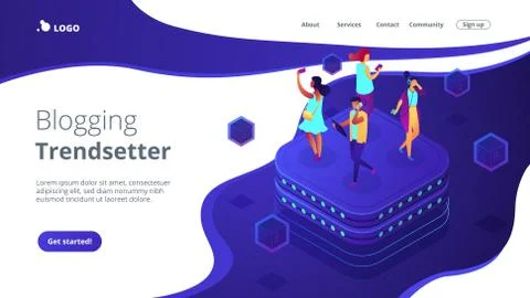 Social network behavior isometric 3D landing page. Illustrazione stock