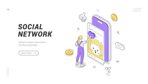 Social Network Communication Application Isometric Banner Vector Illustrati.. Stock Illustration