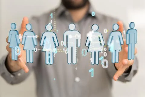 A Social Network concept with binary code. Man with futuristic interface of v Foto stock