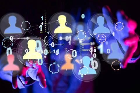 A Social Network concept with binary code. Man with futuristic interface of v Foto stock