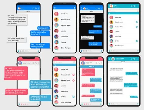 Social network concept. Chating phone and pad table screen templates set Stock Illustration
