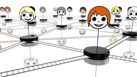 Social network concept with connected faces on white. Illustrazione stock