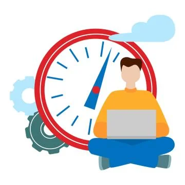 Social network concept. Freelance remote work. Working man sitting with a com 스톡 일러스트