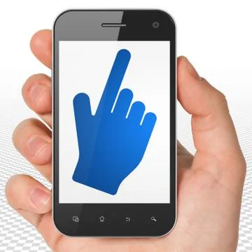Social network concept: Hand Holding Smartphone with Mouse Cursor on display Ilustração Stock