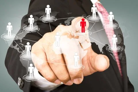 Social Network concept : hand point to social network and world map Stock Photos