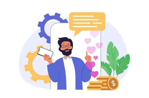 Social network concept in modern flat design for web. Man making live broadca Stock Illustration