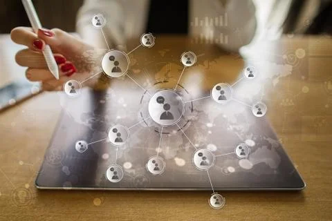 Social network concept on virtual screen. Modern communication technology and Фото
