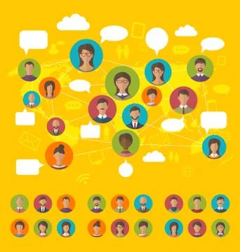 Social network concept on world map with people icons avatars, flat design Stock Illustration