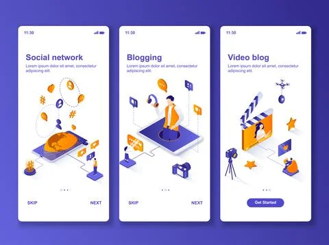 Social network content production isometric GUI design kit. Stock Illustration