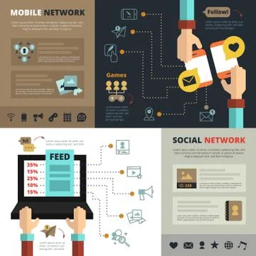 Social Network Features Flat Banners Composition Ilustración de archivo